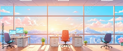 Illustration of office interior in anime style, peaceful landscape photo