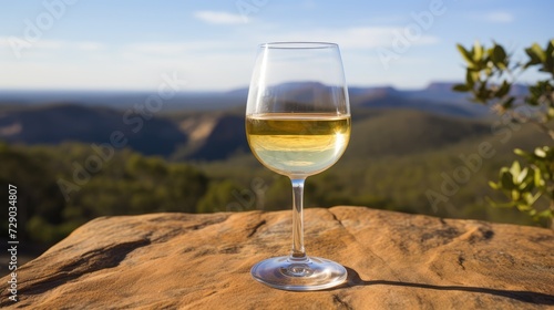 Wineglass of white wine on top of a rock in the mountains. Australian wine concept.