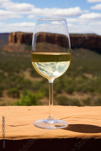 A glass of white wine on a terrace with mountains in the background. Australian wine concept.