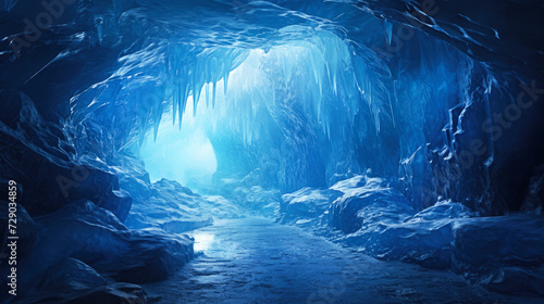 beautiful ice cave with a road leading to the blue light. Fantastic, colorful background with icicles