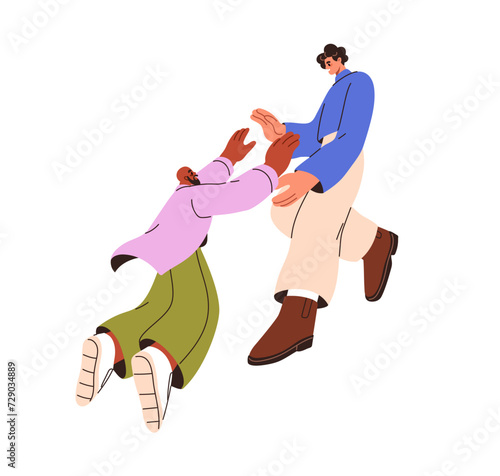 Happy excited men meeting, hugging. Young friends greeting, going toward, loo...