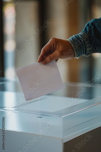 A hand is seen casting a ballot into a transparent voting box, against a softly blurred background, illustrating the act of voting