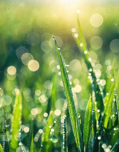 Beautiful background of dewy green grass at dawn with sun glares and bokeh