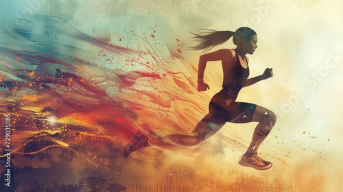 woman effort running marathon with art format 