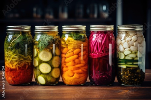 Autumnal farm-to-jar still life, arranged colorful vegetables in jars on a rustic wooden table