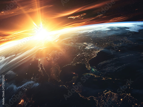 A magnificent lens flare illuminates the vastness of outer space as the sun rises over the glistening waters of our precious earth in the ever-expanding universe