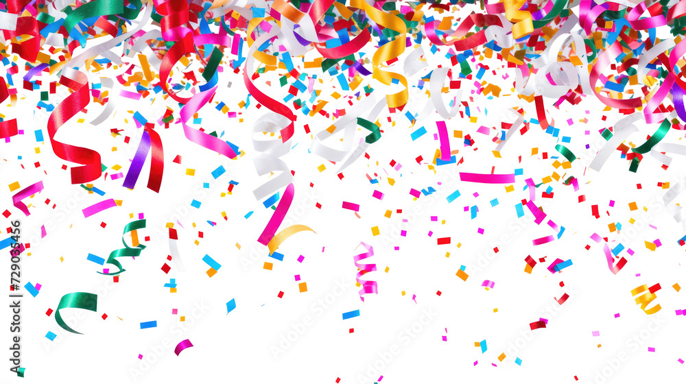 Colorful confetti and serpentine ribbons falling from above isolated on transparent