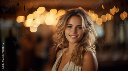 Young woman smiling, looking at the camera. Happy blonde smiling. Bokeh effect. AI generative