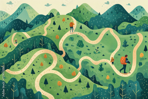 Stylized illustration of hikers on winding trails in a green mountain landscape