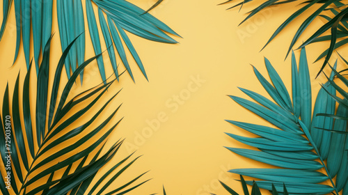 Top view tropical palm tree leaves on yellow background  Minimal fashion summer holiday concept. Flat lay