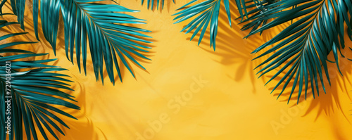 Top view tropical palm tree leaves on yellow background, Minimal fashion summer holiday concept. Flat lay