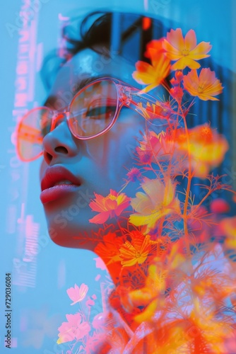 A digital art piece with double exposure, floral pattern, and vaporwave style