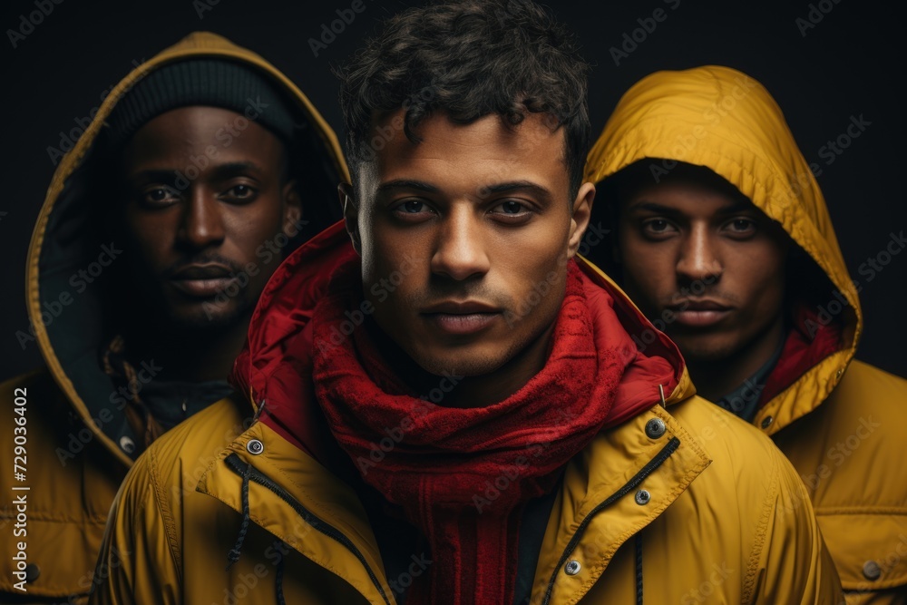 Trio of Men in Yellow Jackets and Hoods
