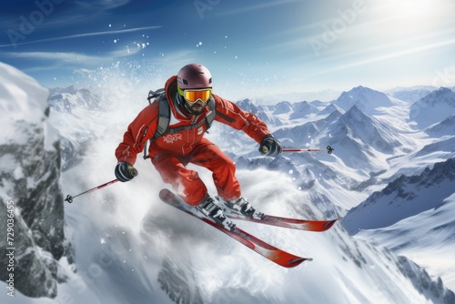 Skier in Red Descending Mountain