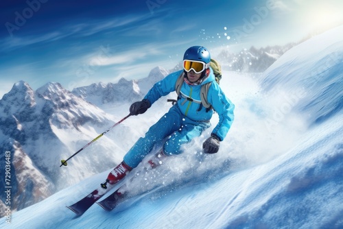 Female Skier in Blue on Snowy Slope