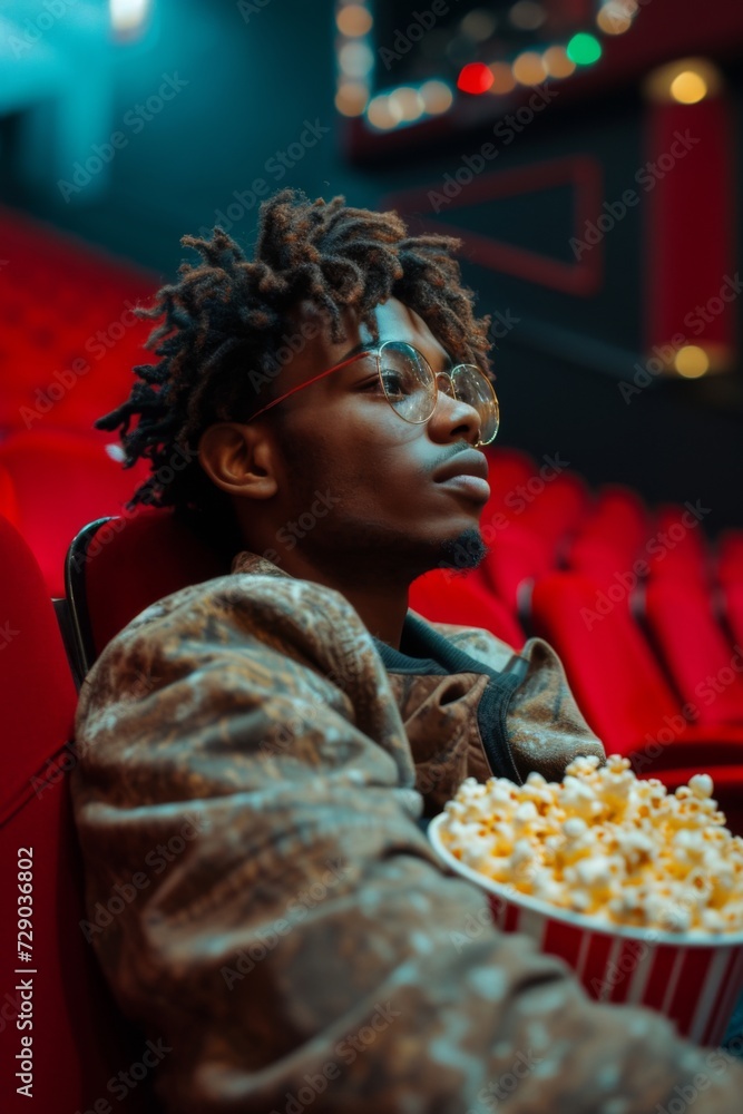 Young man enjoying a movie in a theater, holding a popcorn box