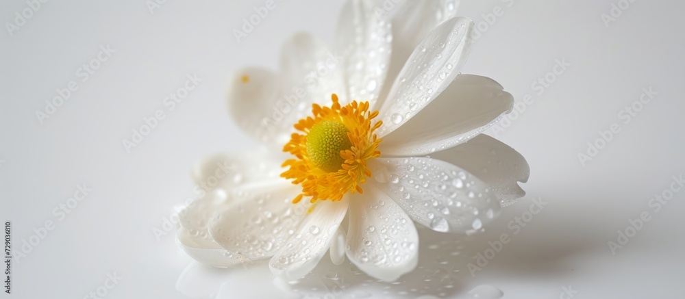 Obraz premium There is a white flower with a yellow center on a white background, photographed.