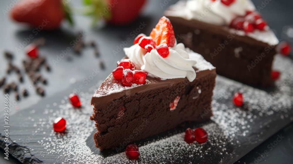 a piece of chocolate cake covered with whipped cream and garnished with red strawberries a piece of chocolate cake covered with whipped cream and garnished with red strawberries