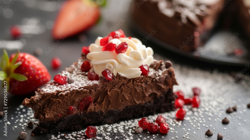 a piece of chocolate cake covered with whipped cream and garnished with red berries, with a little granulated sugar scattered around it
