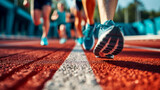 Close-up of runners legs on running track on sunny summer day