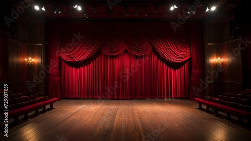 Dramatic red velvet curtains pulled back on an antique stage, with footlights casting a nostalgic glow in an empty auditorium photo