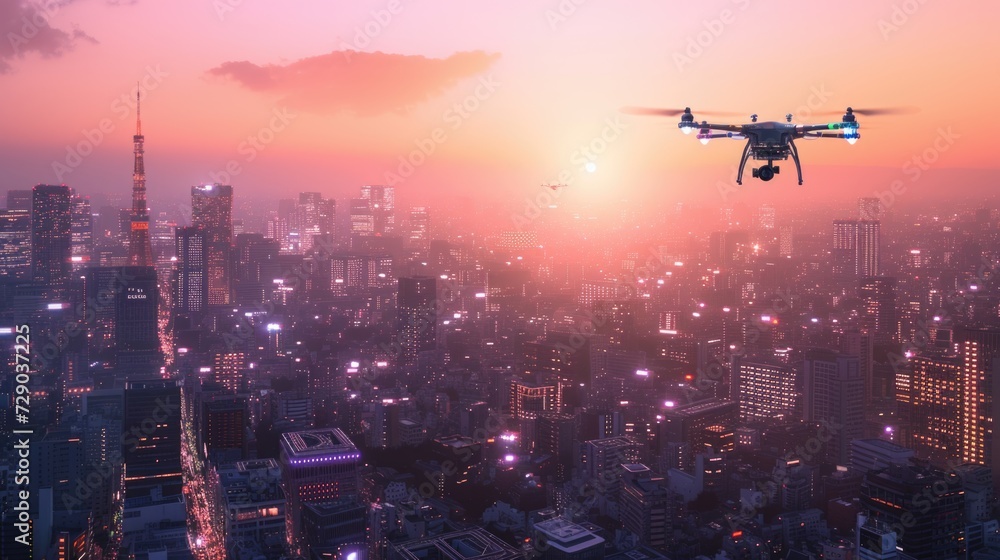 Drone over Twilight Cityscape Drone over Twilight Cityscape