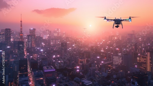 Drone over Twilight Cityscape