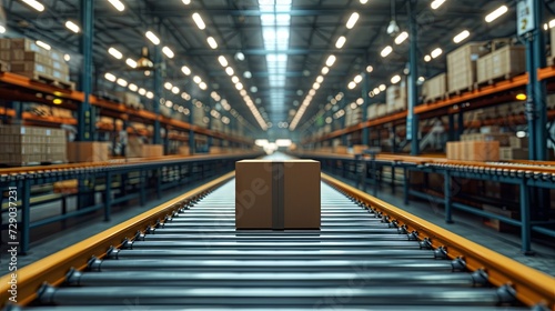 Single cardboard box on an empty warehouse conveyor belt © artem