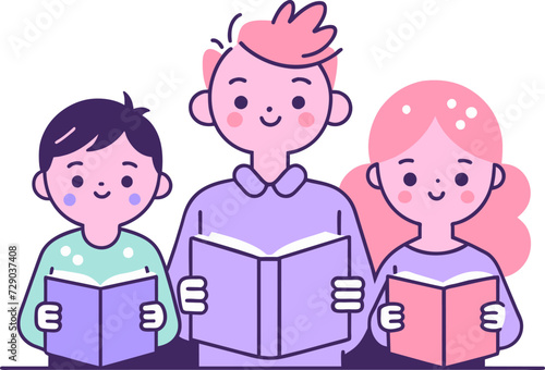 Stylized illustration of two boys and one girl with books in their hands