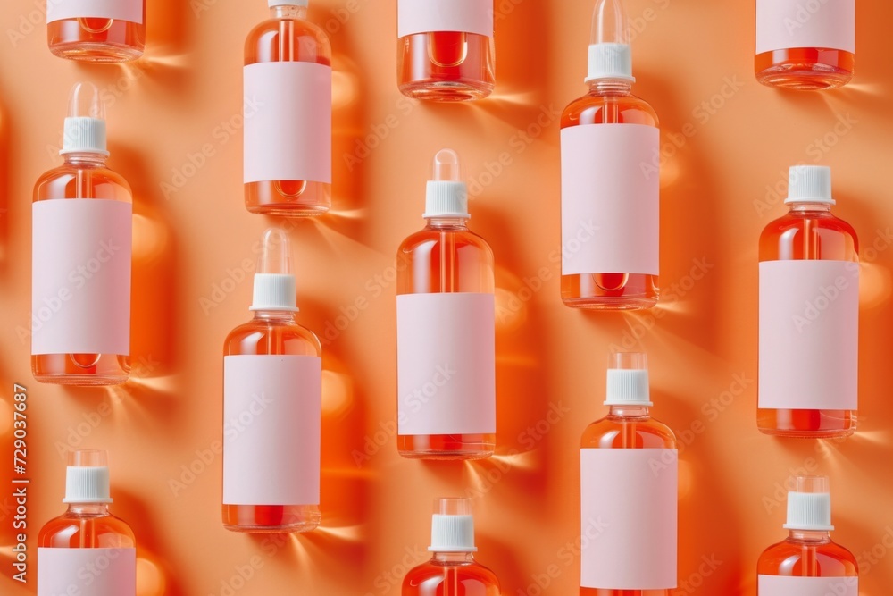 Multiple bottles with blank labels on a peach-toned background, ideal for branding Multiple bottles with blank labels on a peach-toned background, ideal for branding
