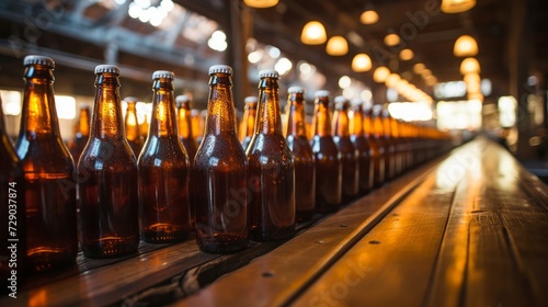 Classic brewery bottling line with amber beer bottles  warm lighting  and aged wood paneling
