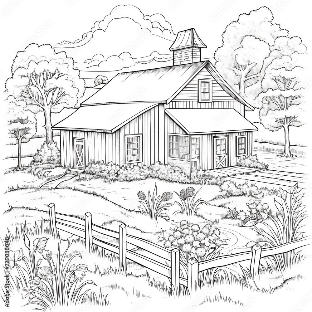 line drawing high detailed pencil drawing house in the forest