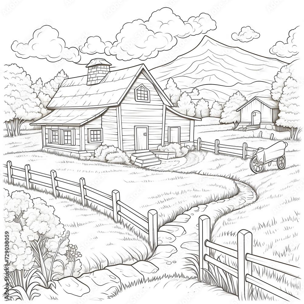 line drawing high detailed pencil drawing landscape with a house