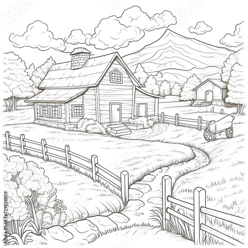line drawing high detailed pencil drawing landscape with a house