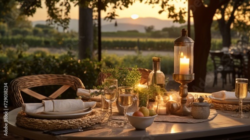 An elegant dining setup with open gourmet seafood tins, subtle candlelight, and a backdrop of a vineyard © vectorizer88