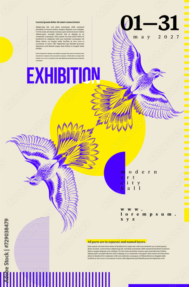 Art exhibition abstract poster template with design elements, design and font style proposal and stylized two flying blue birds as sample object