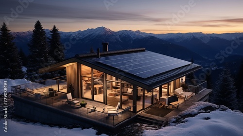 High-altitude view of sleek solar panels atop a snowy mountain cabin at dusk, with the soft glow of the setting sun over a forested horizon © vectorizer88