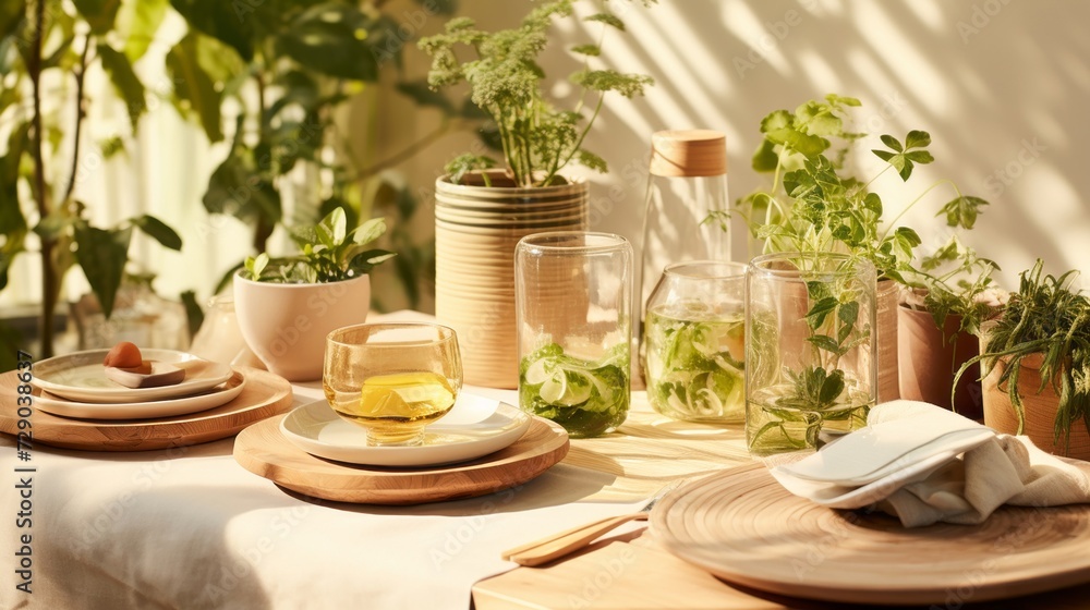 Sustainable dining ware assortment on wood, accented with natural foliage, in a bright setting Sustainable dining ware assortment on wood, accented with natural foliage, in a bright setting