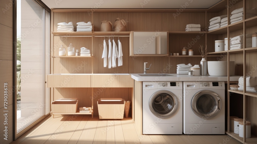 Inviting utility room with laundry basket beside modern appliances Inviting utility room with laundry basket beside modern appliances
