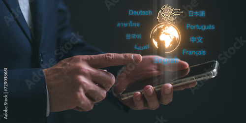 Automatic translation system concept, Translator app. businessman use smartphone  for artificial intelligence technology helps translate worldwide languages. photo