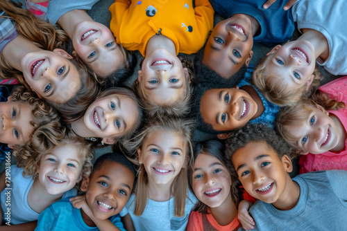 Top view of group of faces of smiling children of different ethnicities - concept of friendship and tolerance