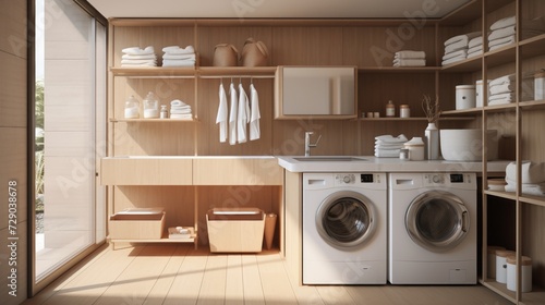Inviting utility room with laundry basket beside modern appliances