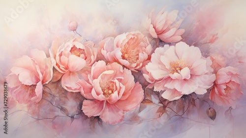 Watercolor floral dance of delicate peonies in a gentle composition