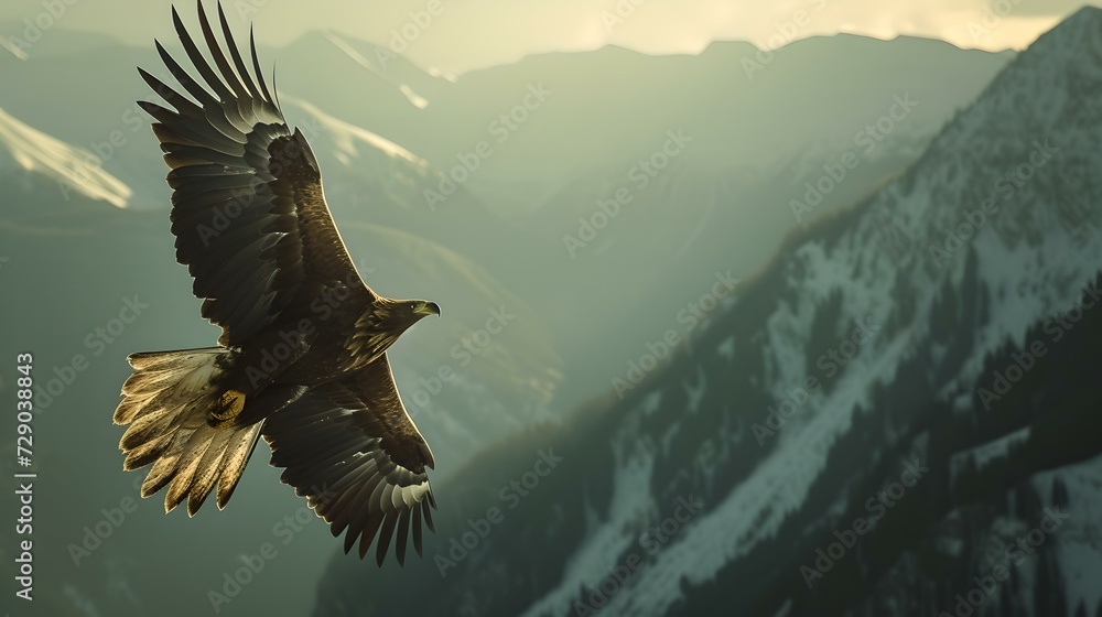 Obraz premium Majestic eagle soaring high above snowy mountain peaks. nature's splendor captured. perfect for wildlife themes. serene and powerful. AI