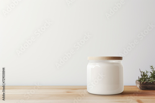 Cosmetic container on the wooden table with wooden lid. A cream jar filled with white cream. Suitable for mockup. With blank space. Generative AI. 