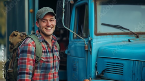 Cheerful backpacker standing by a vintage blue bus, ready for an adventurous road trip,for travel blogs, adventure gear promotion, or lifestyle advertising, and the joy of backpacking