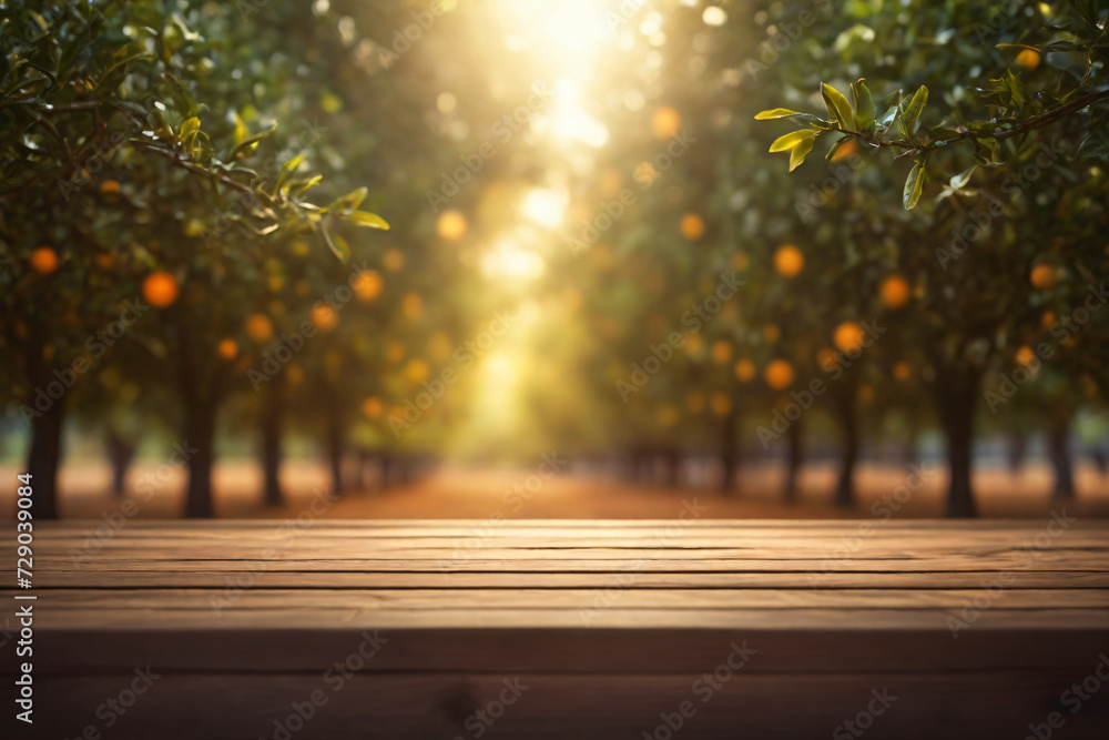 Wood table top with blur of orange garden with a soft light shining, ideal for displaying orange juice products Wood table top with blur of orange garden with a soft light shining, ideal for displaying orange juice products