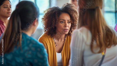 Concerned woman in a group discussion, expressing herself during a serious conversation, for themes of communication and support,Great for content related to group therapy, community support groups photo