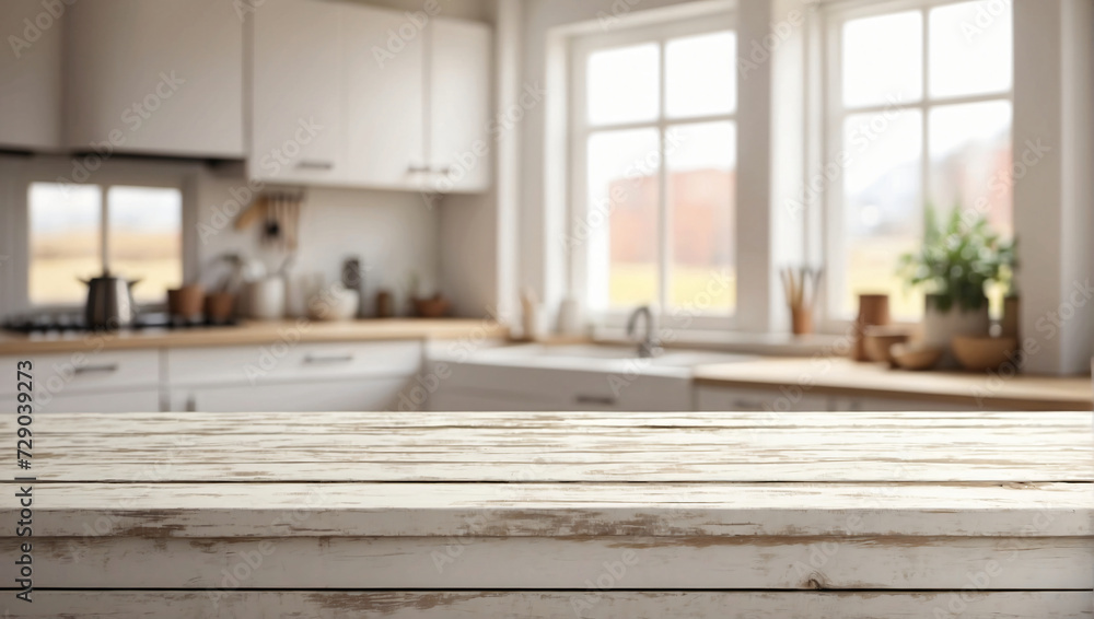 White rustic wooden table, looking out focussed on blurred kitchen window, White color kitchen for displaying product White rustic wooden table, looking out focussed on blurred kitchen window, White color kitchen for displaying product