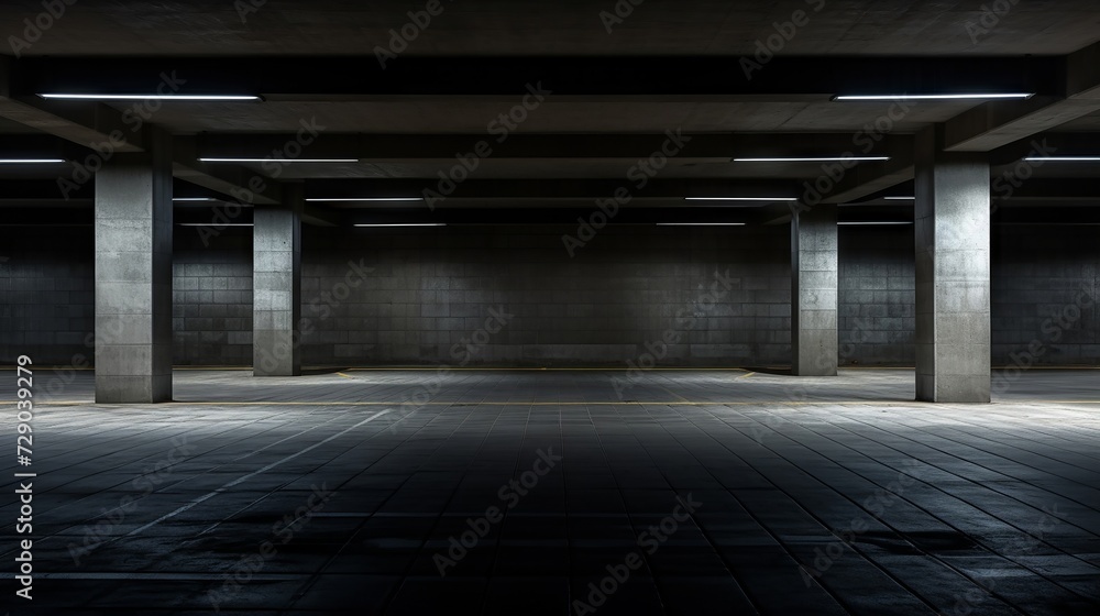 Underground parking garage with soft diffused light creating a pattern on the concrete, empty and echoing with stillness